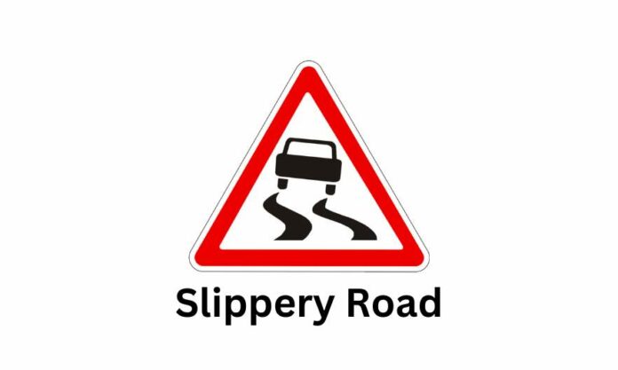 the slippery road sign. what does slippery traffic sign means